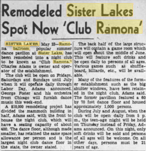 Ramona Ballroom/Dance Pavilion at Sister Lakes - 23 MAY 1953 REMODELED